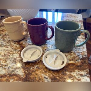 Longaberger Pottery Mugs Woven Traditions w/ Two Lids (Green Red & Yellow)